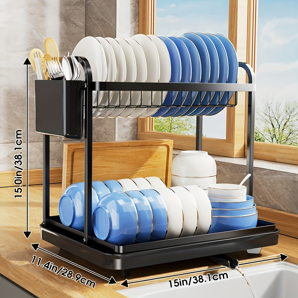 [Space-Saving Dish Drying Rack] Large Capacity 2-Tier Metal Dish Drying Rack with Drainboard | Stainless Steel Kitchen Counter Organizer for Dishes, Bowls & Cookware - Black, Space-Saving Design for 3-4 Person Households, Utensil Holders & Knife Slots