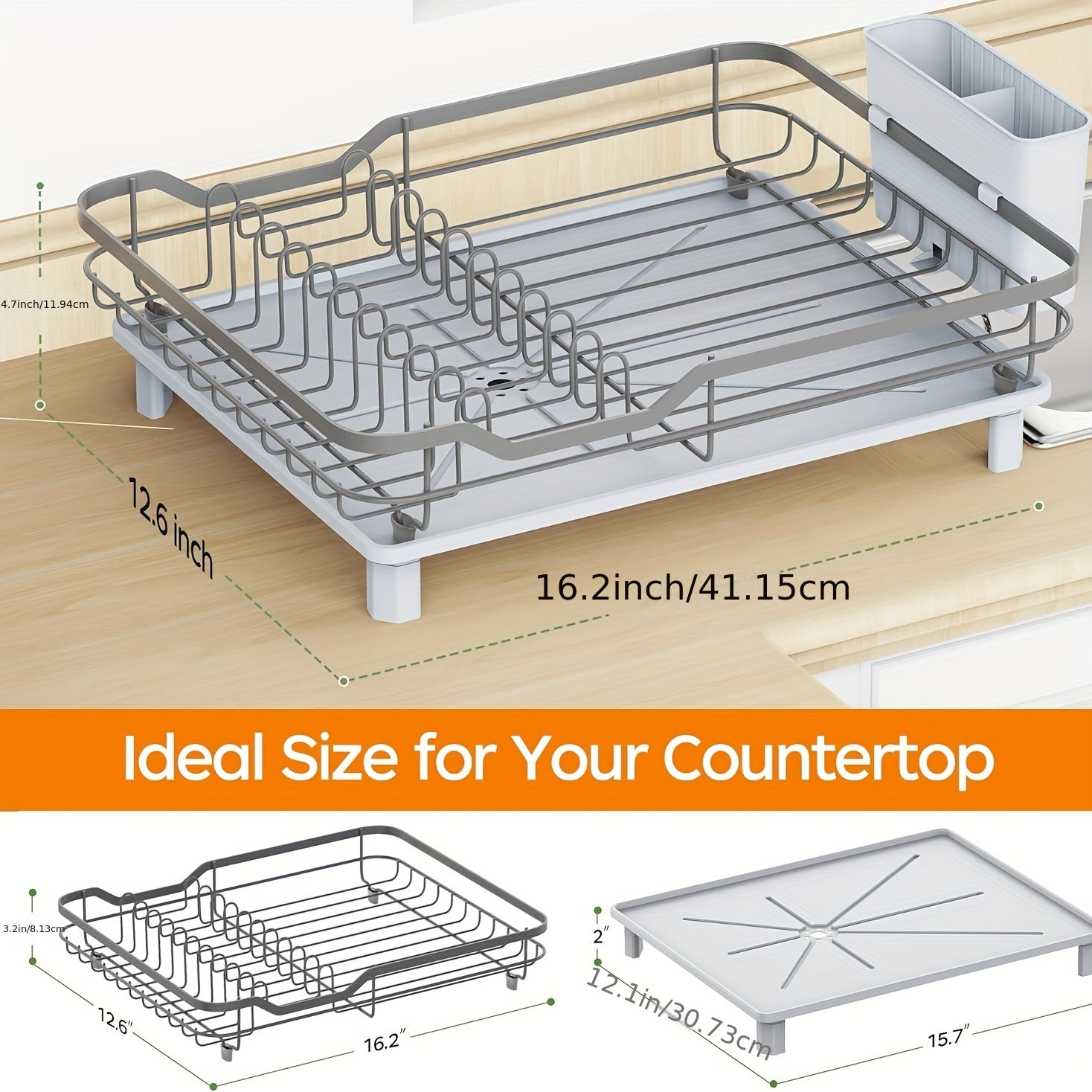 16.2"(L) X 12.6"(W) Stainless Steel Dish Drying Rack, Sturdy Dish Drainer With Drainboard, Utensil Holder, Rustproof Kitchen Counter Dish Rack