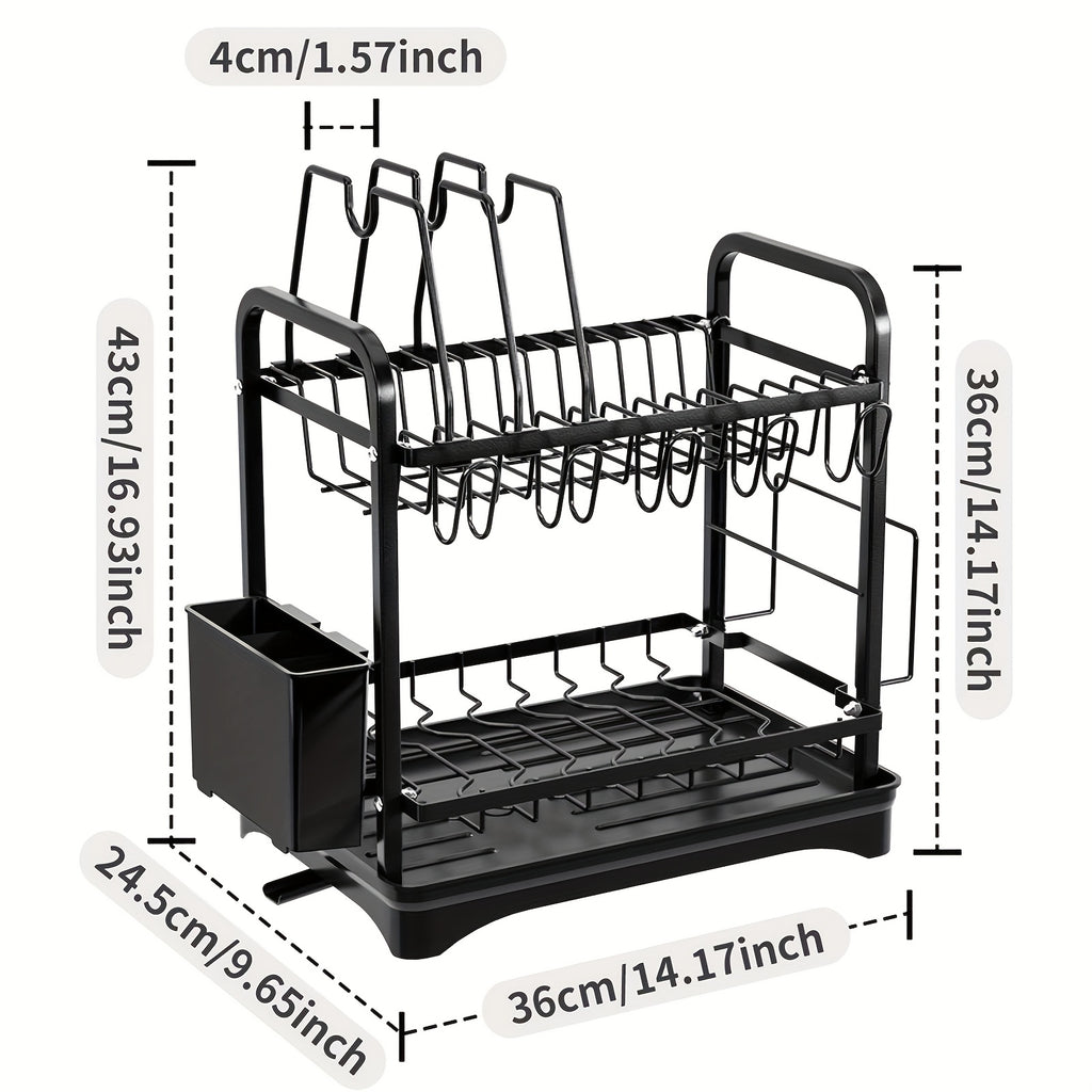 2 Tier Dish Drying Rack with Pot Holders, Dish Racks for Kitchen Counter, Kitchen Utensil Holder Dish Rack with Drainboard, Metal Kitchen Dish Rack, Kitchen Drying Rack Two Tier, Black Dish Racks, Kitchen Organizer, Pantry Organizers And Storage