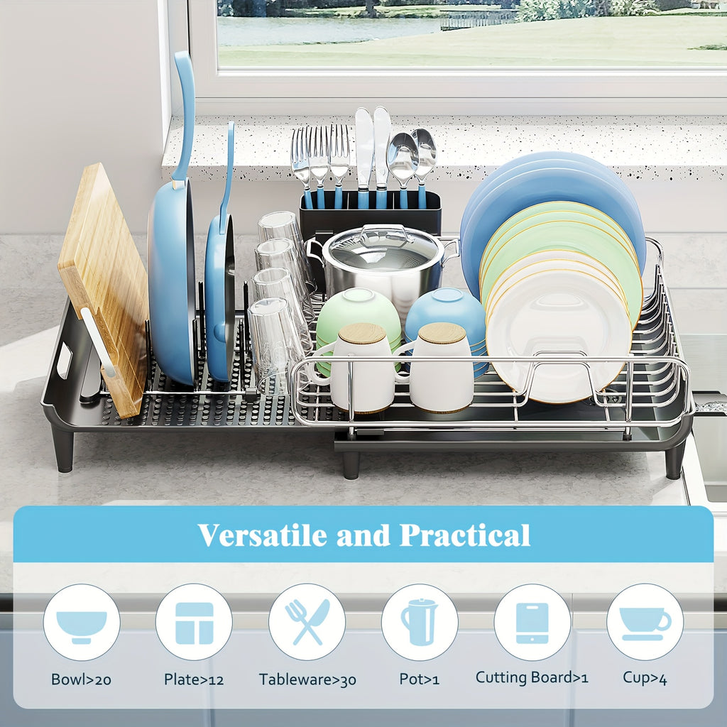 1pc KINGRACK Expandable Dish Drying Rack - Stainless Steel Dish Drainer with Cup & Utensil Holder, Collapsible Countertop Dish Rack with Pan & Pot Holder, Metal Dish Strainer for Kitchen Counter, Food Contact Safe, No Electricity Needed, Ideal for