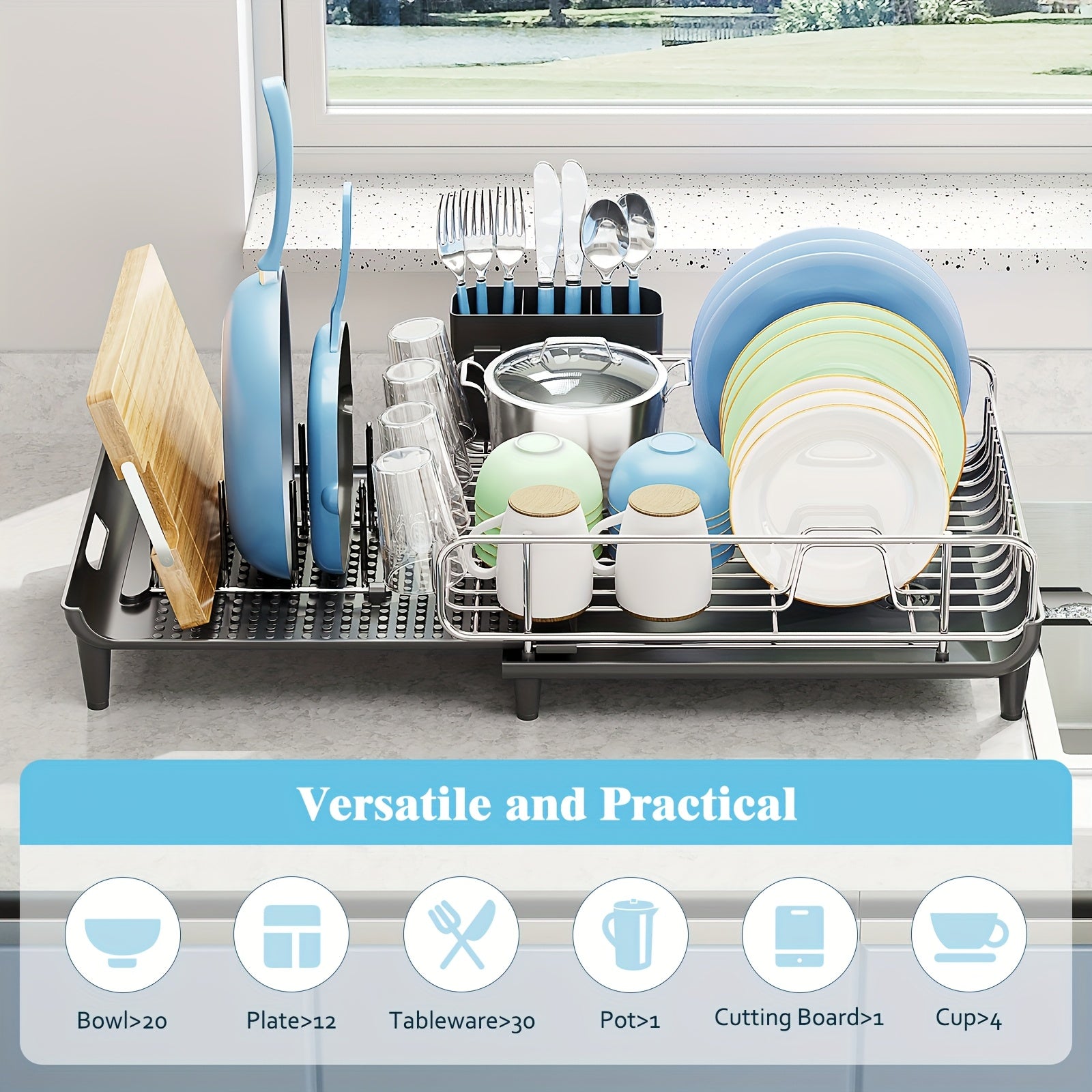 1pc KINGRACK Expandable Dish Drying Rack - Stainless Steel Dish Drainer with Cup & Utensil Holder, Collapsible Countertop Dish Rack with Pan & Pot Holder, Metal Dish Strainer for Kitchen Counter, Food Contact Safe, No Electricity Needed, Ideal for
