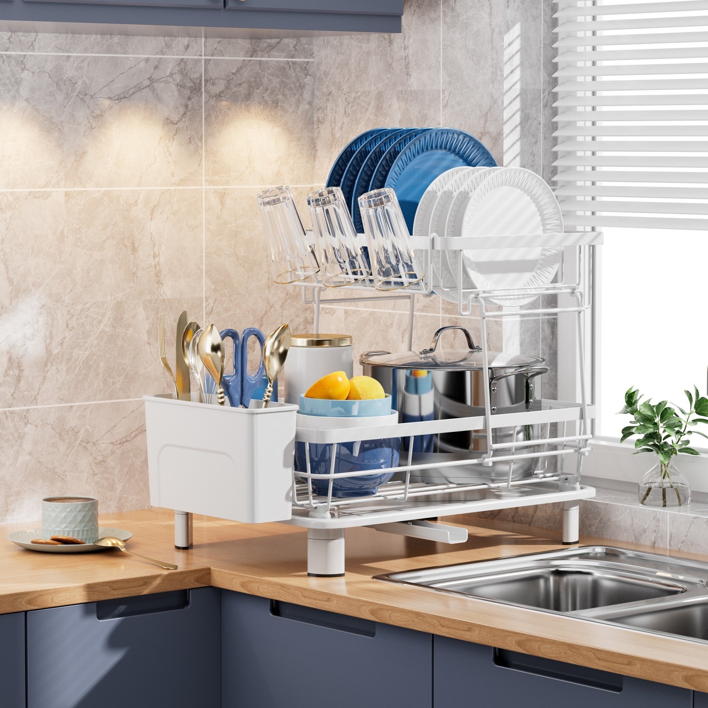 2-Tier Dish Drying Rack with Drainboard - Metal and Plastic Kitchen Dish Drainer with Utensil Holder - Anti-Rust Compact Countertop Dish Rack Organizer - 1pc Dish Racks for Home Kitchen Storage