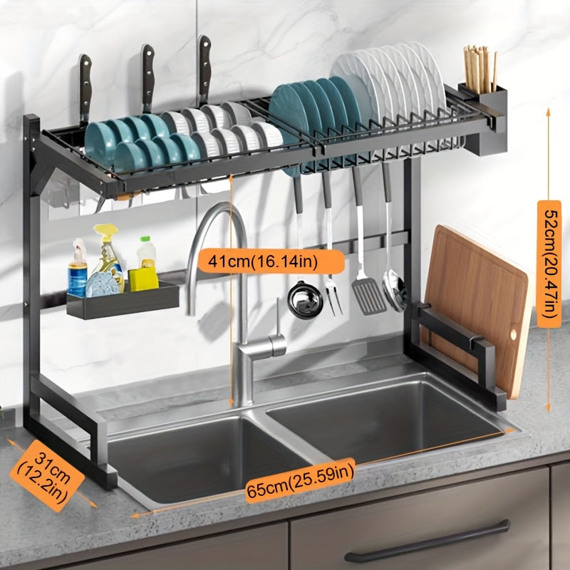 1-Layer/2-Layer Adjustable Countertop Dish Drying Rack - Removable Multi-Functional Kitchen Organizer with Chopstick Holder, Sponge & Cutting Board Storage, Space-Saving Plastic/Metal Design for Sink Area, Dish Drying Rack for Kitchen Counter, Utensil