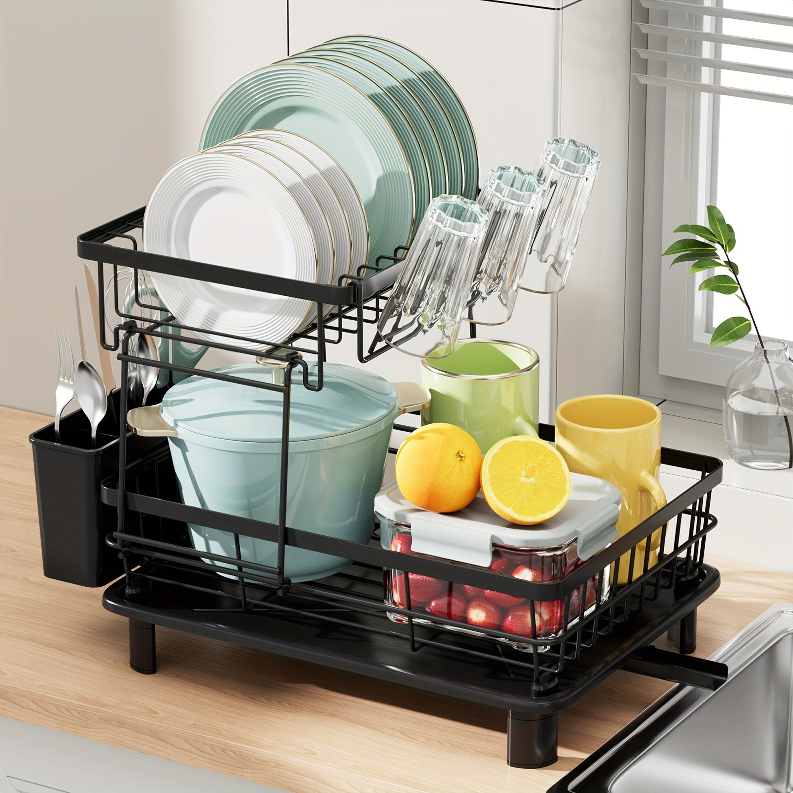 2-Tier Dish Drying Rack with Drain Tray and Swivel Drip Spout, Multifunctional Kitchen Countertop Storage Organizer - Metal and Plastic, Includes Cup Holder and Cutlery Holder, Space-Saving Plate Rack for Home and Apartment Use, 1pc