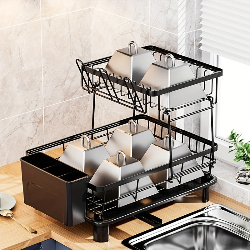 Dish Drying Rack With 2-tier, Stainless Steel Dish Rack And Drainboard Set With Removable Drip Tray, 360° Swivel Spout, Utensil Holder, Large Capacity Dish Drainer For Kitchen Counter