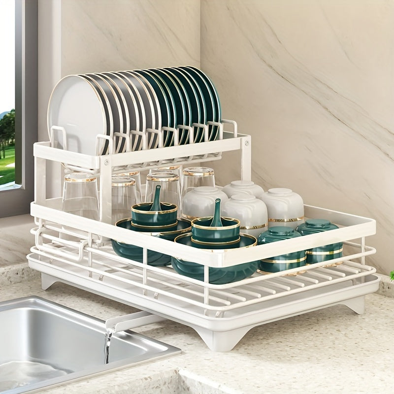 Dish Drying Rack - Dish Drainer For Kitchen Counter With Utensil 2 Tier Dish Rack With Drainboard Space Saving Large Capacity And Easy To Drying Dish Drainers For Kitchen Sink