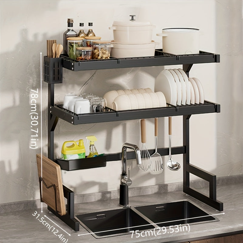 1-Layer/2-Layer Adjustable Countertop Dish Drying Rack - Removable Multi-Functional Kitchen Organizer with Chopstick Holder, Sponge & Cutting Board Storage, Space-Saving Plastic/Metal Design for Sink Area, Dish Drying Rack for Kitchen Counter, Utensil