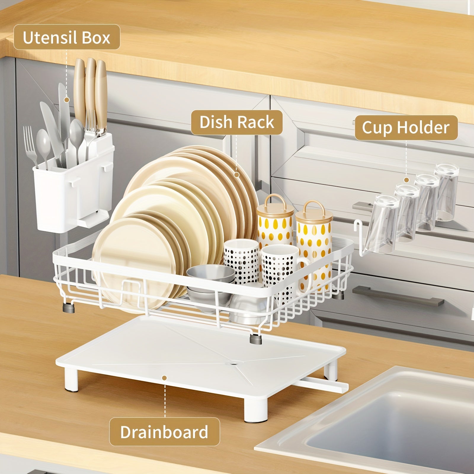 Dish Drying Rack, Single layer dish drain rack- Large Dish Rack with Drainboard, Rustproof Dish Drainer with Utensil Holder for Sink, convenient for storing plates, bowls, cups, knives and spoons