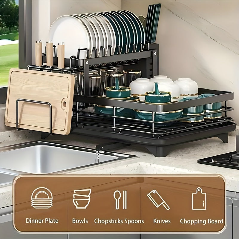 Dish Drying Rack, 2 Tier Dish Racks For Kitchen Counter, Large Stainless Steel Kitchen Dish Drying Rack With Drainboard, Detachable Dish Drainers With Utensil Holders