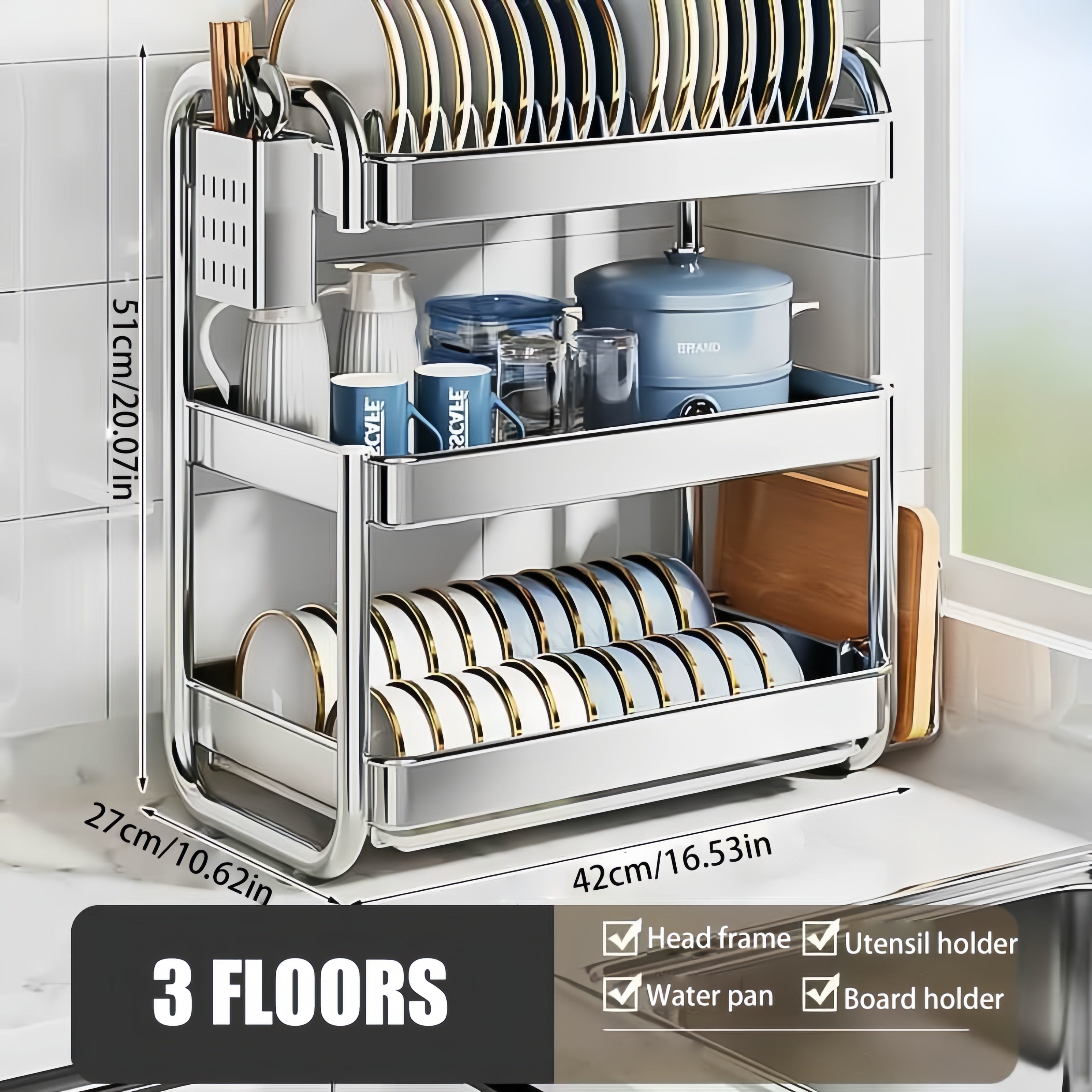 [Space-Saving Dish Rack] Stainless Steel Dish Drying Rack | Space-Saving Kitchen Counter Dish Rack With Cutlery Holder