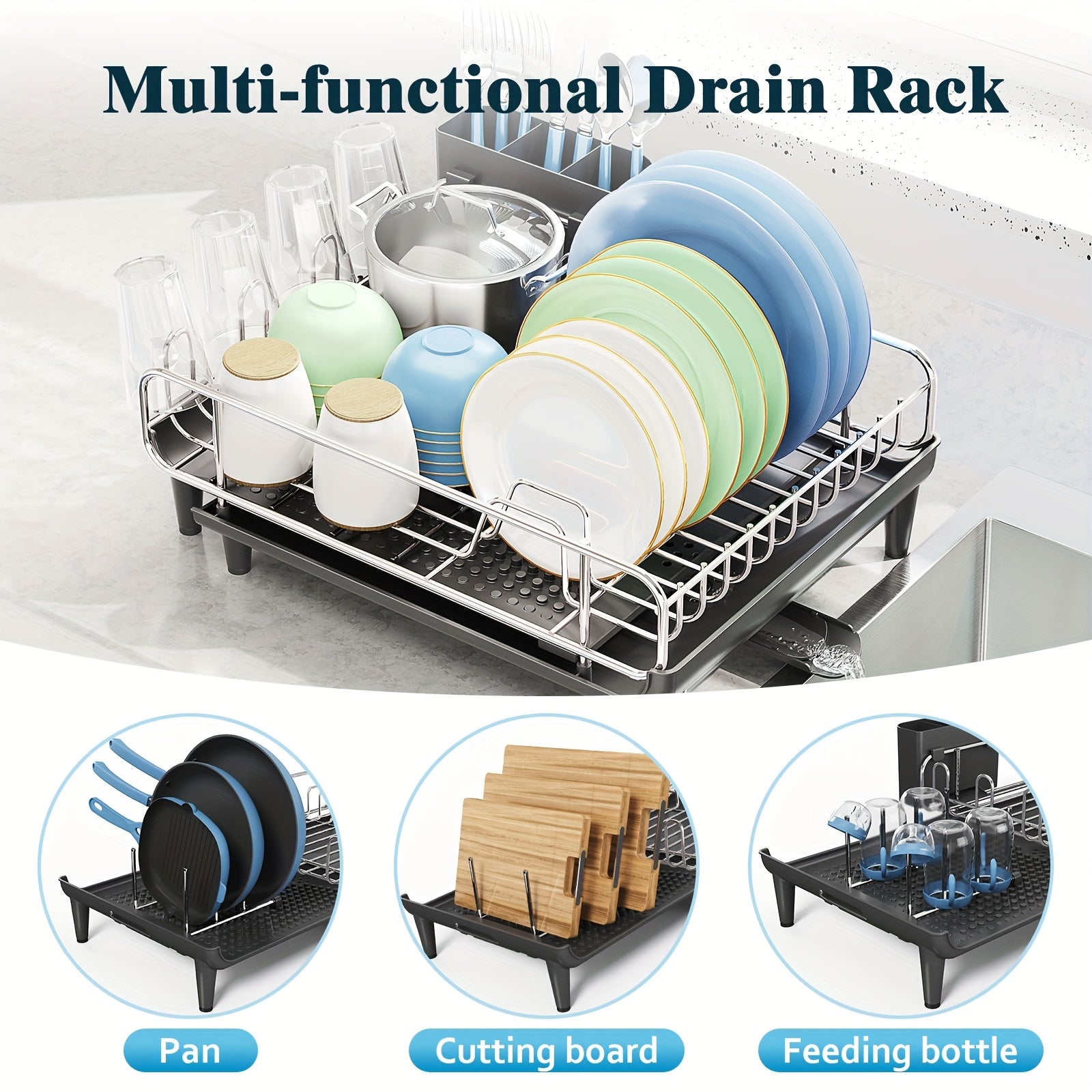 1pc KINGRACK Expandable Dish Drying Rack - Stainless Steel Dish Drainer with Cup & Utensil Holder, Collapsible Countertop Dish Rack with Pan & Pot Holder, Metal Dish Strainer for Kitchen Counter, Food Contact Safe, No Electricity Needed, Ideal for