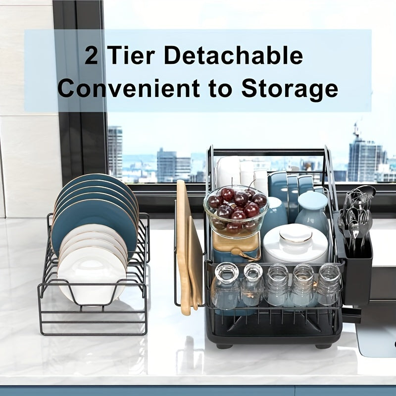 2-Tier Dish Drying Rack with Drain Board, Cutlery Holder, Cutting Board/Cup Holder and 3 Kitchen Counter Hooks, Rust-Proof Large Dish Drain Rack, Black