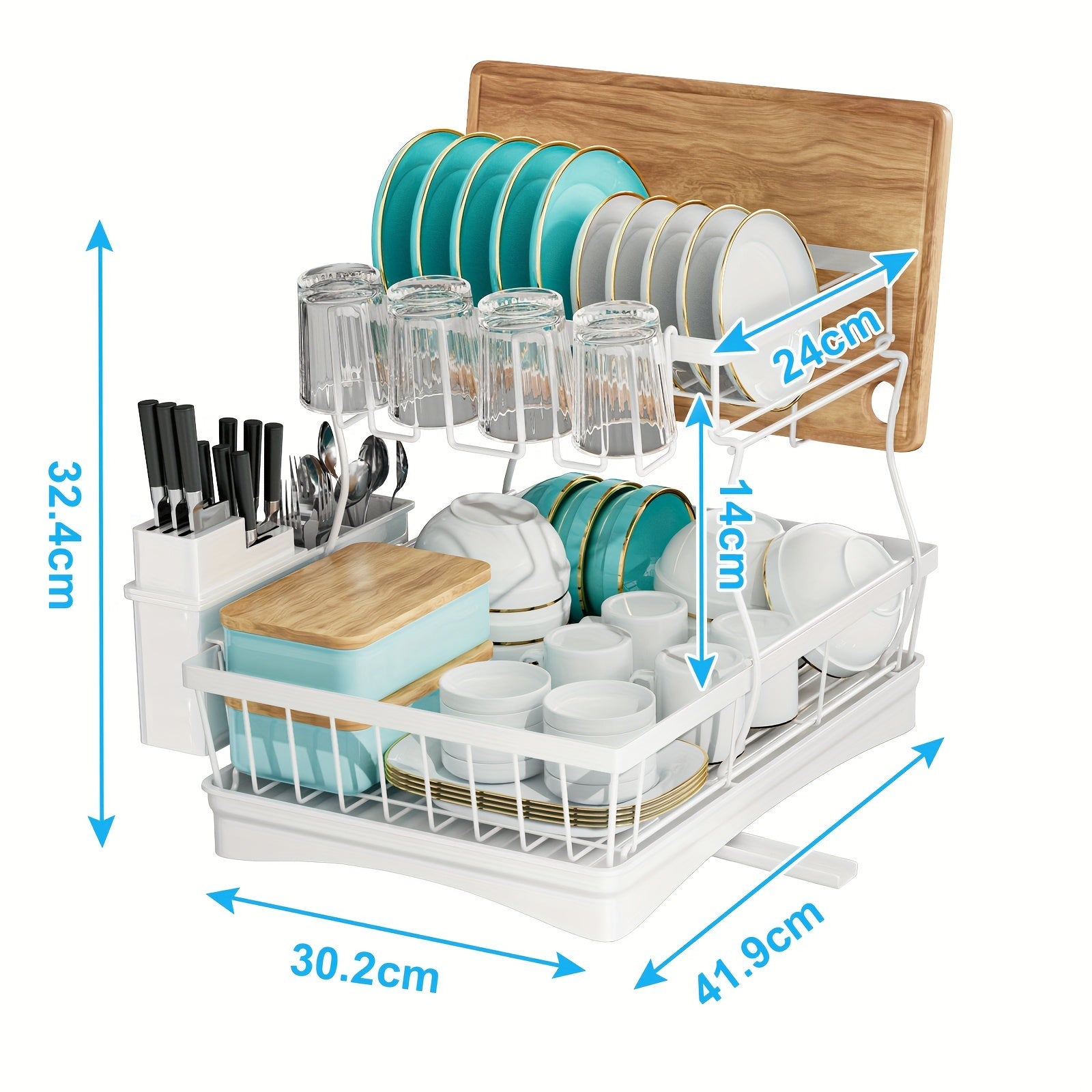 Space saving 2-layer high-capacity sink with bowl and dish holder above, equipped with cutting board, bowl and cup holder, kitchen organizer, durable