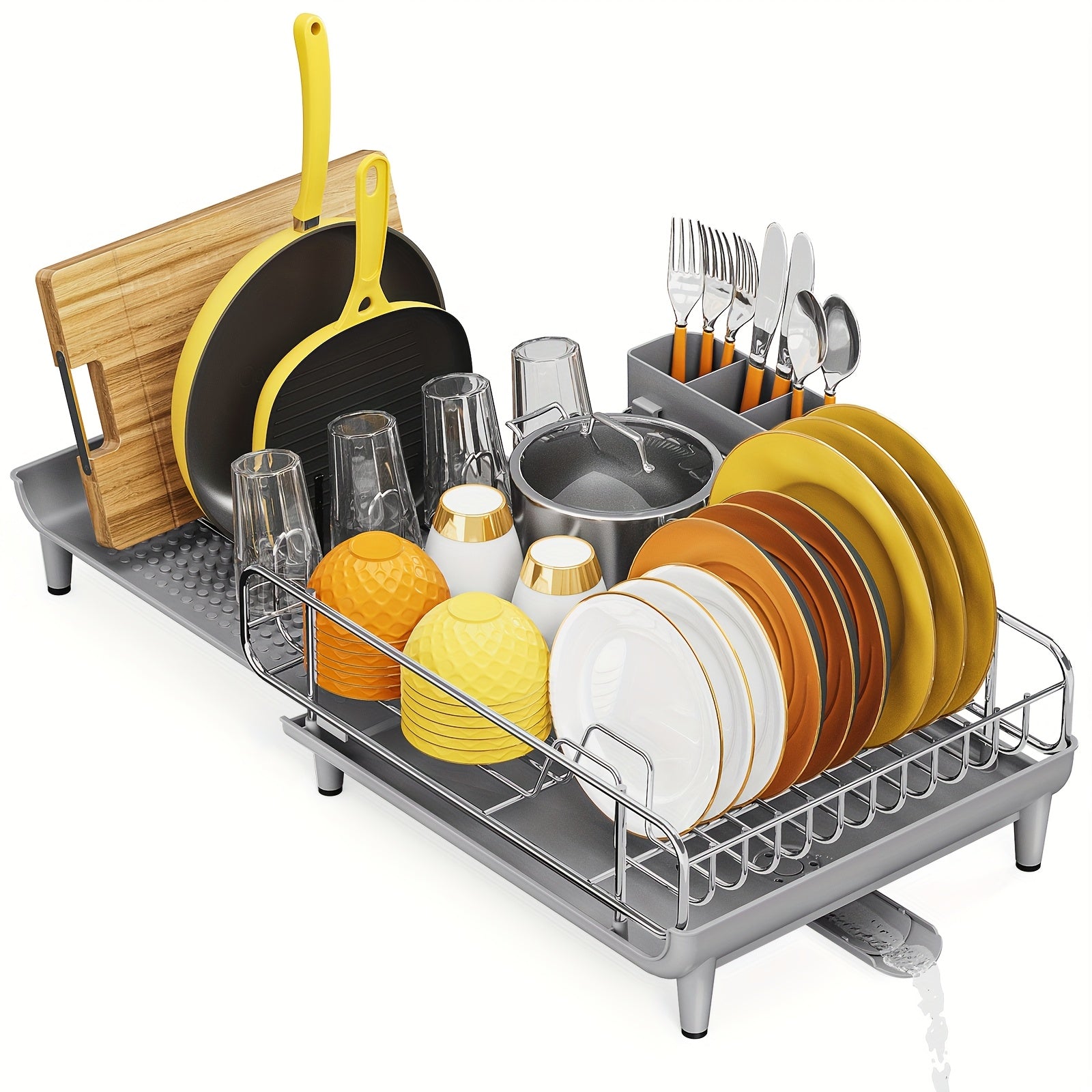 KINGRACK Expandable Dish Drying Rack, Foldable Stainless Steel Drainer With Cutlery Holder, Large Size For Kitchen Counter