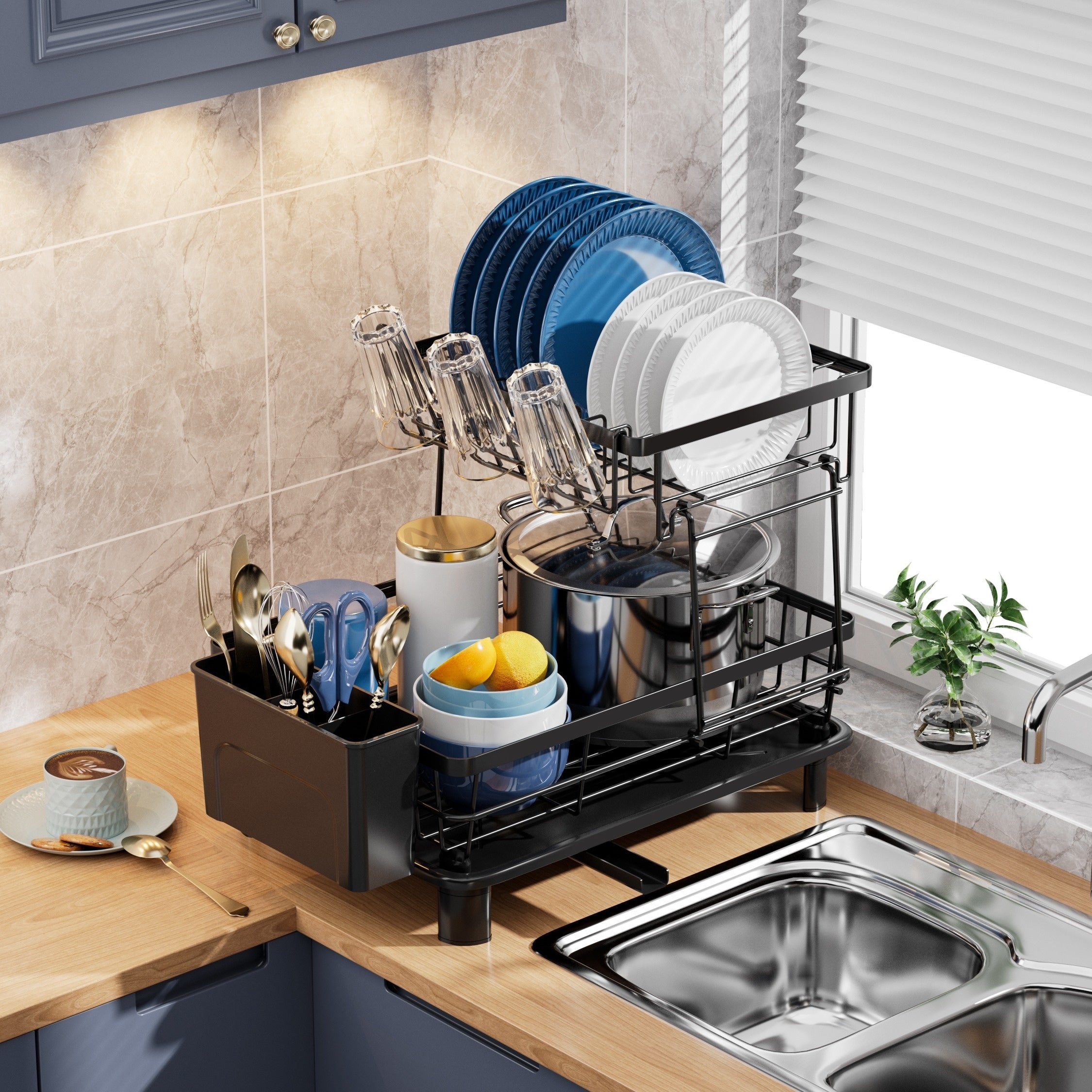 2-Tier Dish Drying Rack with Drainboard - Metal and Plastic Kitchen Dish Drainer with Utensil Holder - Anti-Rust Compact Countertop Dish Rack Organizer - 1pc Dish Racks for Home Kitchen Storage