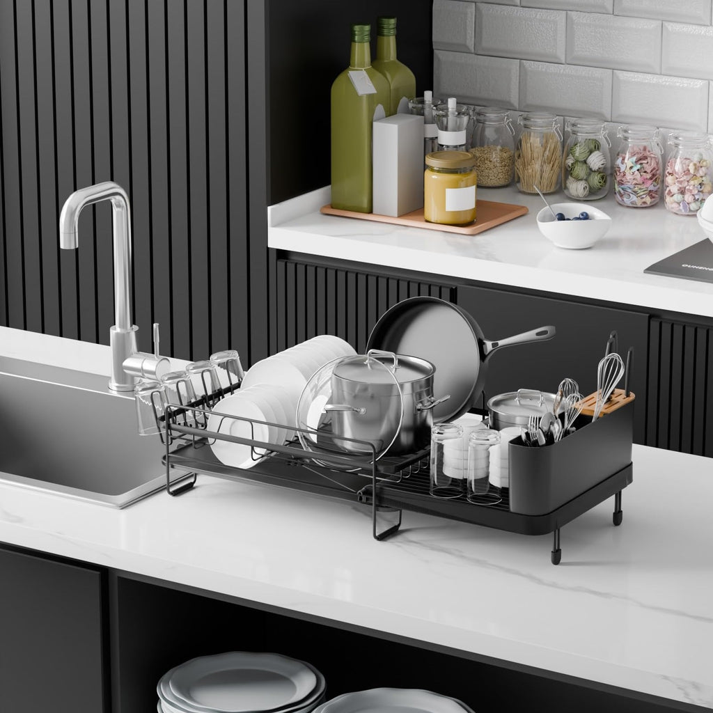 Large Dish Drying Rack With Drainboard Set, Dish Rack Extendable Dish Rack, Utensil Holder, Cup Holder, Expandable Dish Drainer For Kitchen Counter