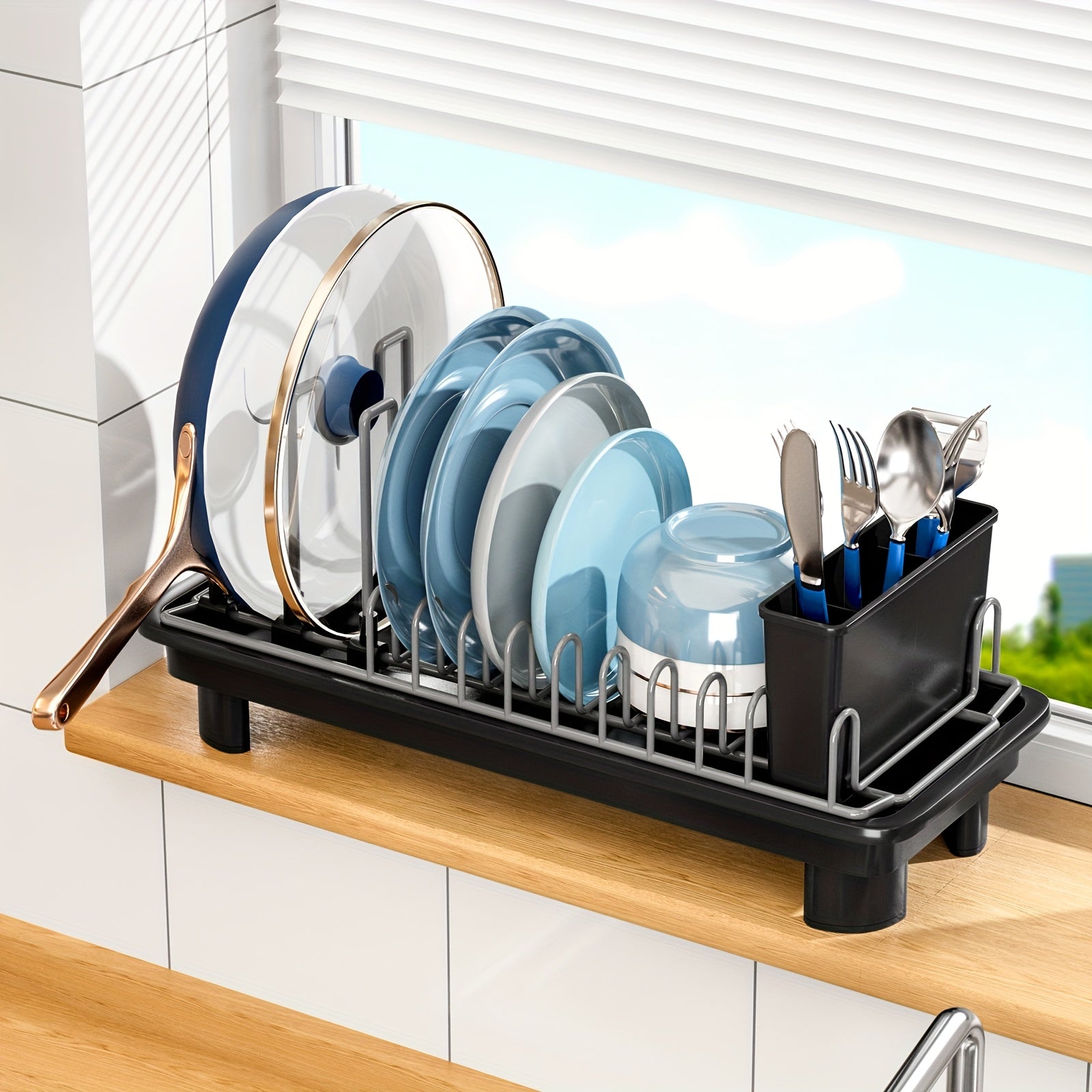 [SANDREAM Dish Drainer] 1pc SANDREAM Dish Drainer with Drain Tray & Drip Line - Durable Plastic & Metal Construction - Under Sink Organizer for Kitchen Utensils, Pots, Pans, Cutting Boards, Cups - Space-Saving Countertop Storage Rack, Dish Drying Rack,
