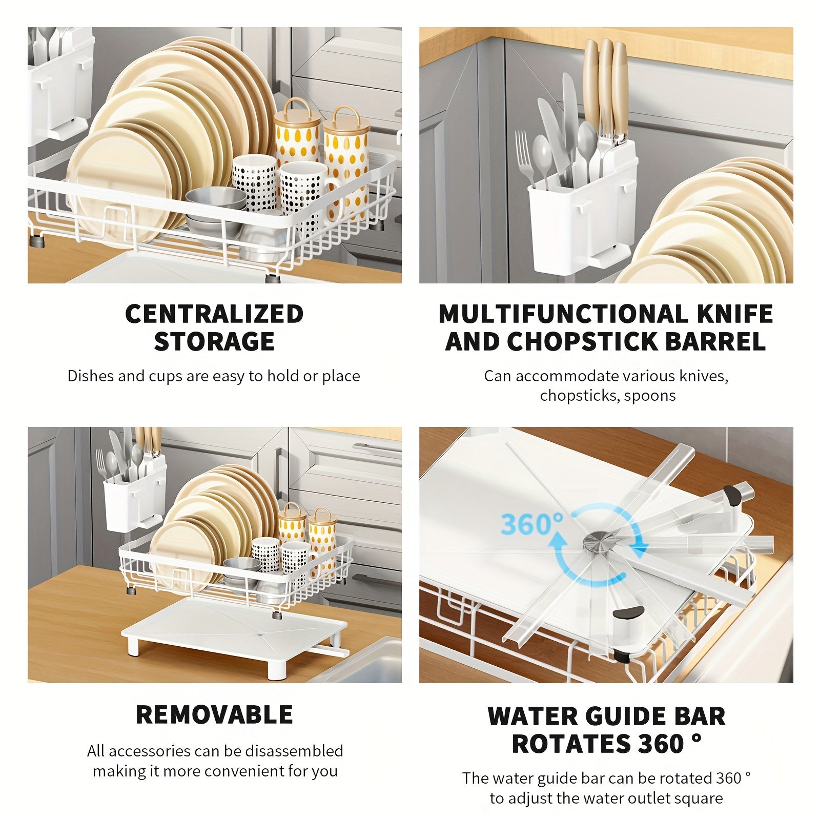Dish Drying Rack, Single layer dish drain rack- Large Dish Rack with Drainboard, Rustproof Dish Drainer with Utensil Holder for Sink, convenient for storing plates, bowls, cups, knives and spoons