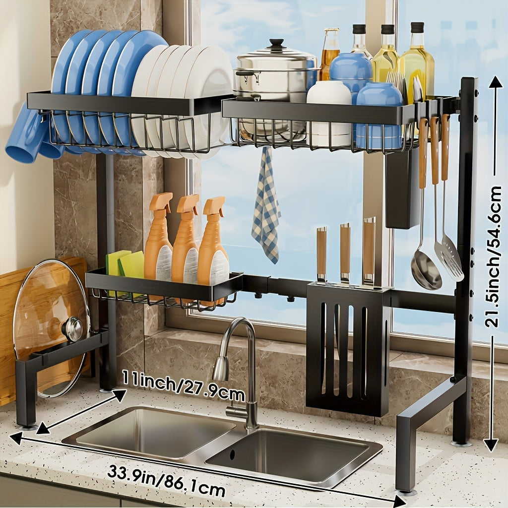 [Space-Saving Dish Drying Rack] Large Capacity 2-Tier Metal Dish Drying Rack with Drainboard | Stainless Steel Kitchen Counter Organizer for Dishes, Bowls & Cookware - Black, Space-Saving Design for 3-4 Person Households, Utensil Holders & Knife Slots