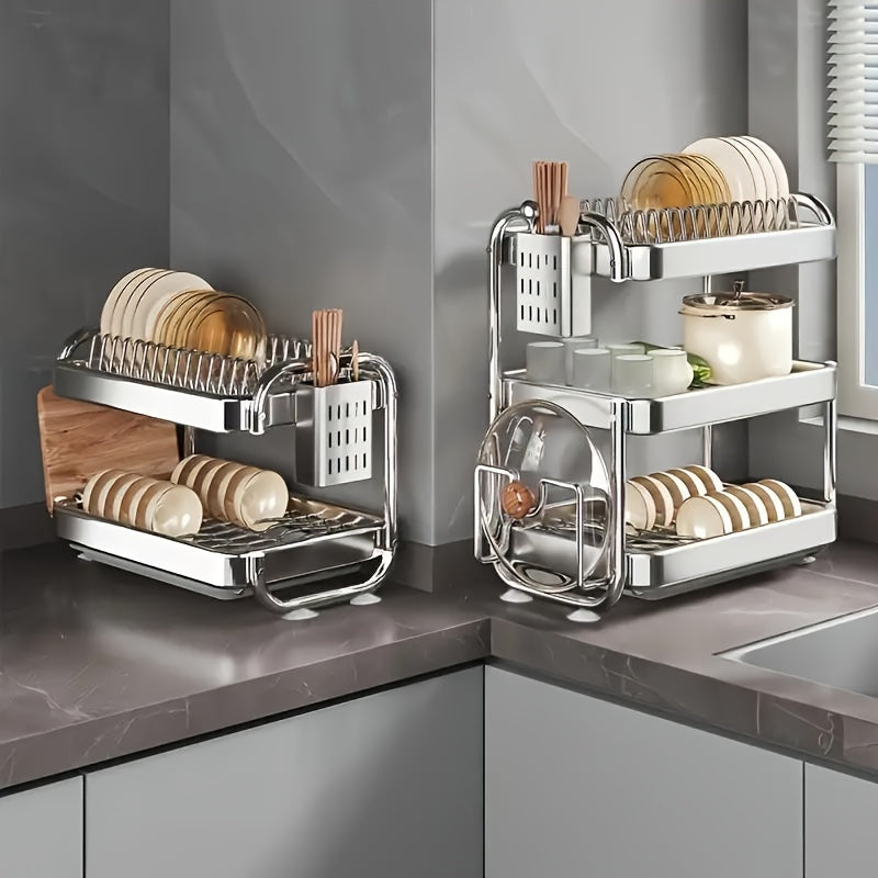 [Space-Saving Dish Rack] Stainless Steel Dish Drying Rack | Space-Saving Kitchen Counter Dish Rack With Cutlery Holder