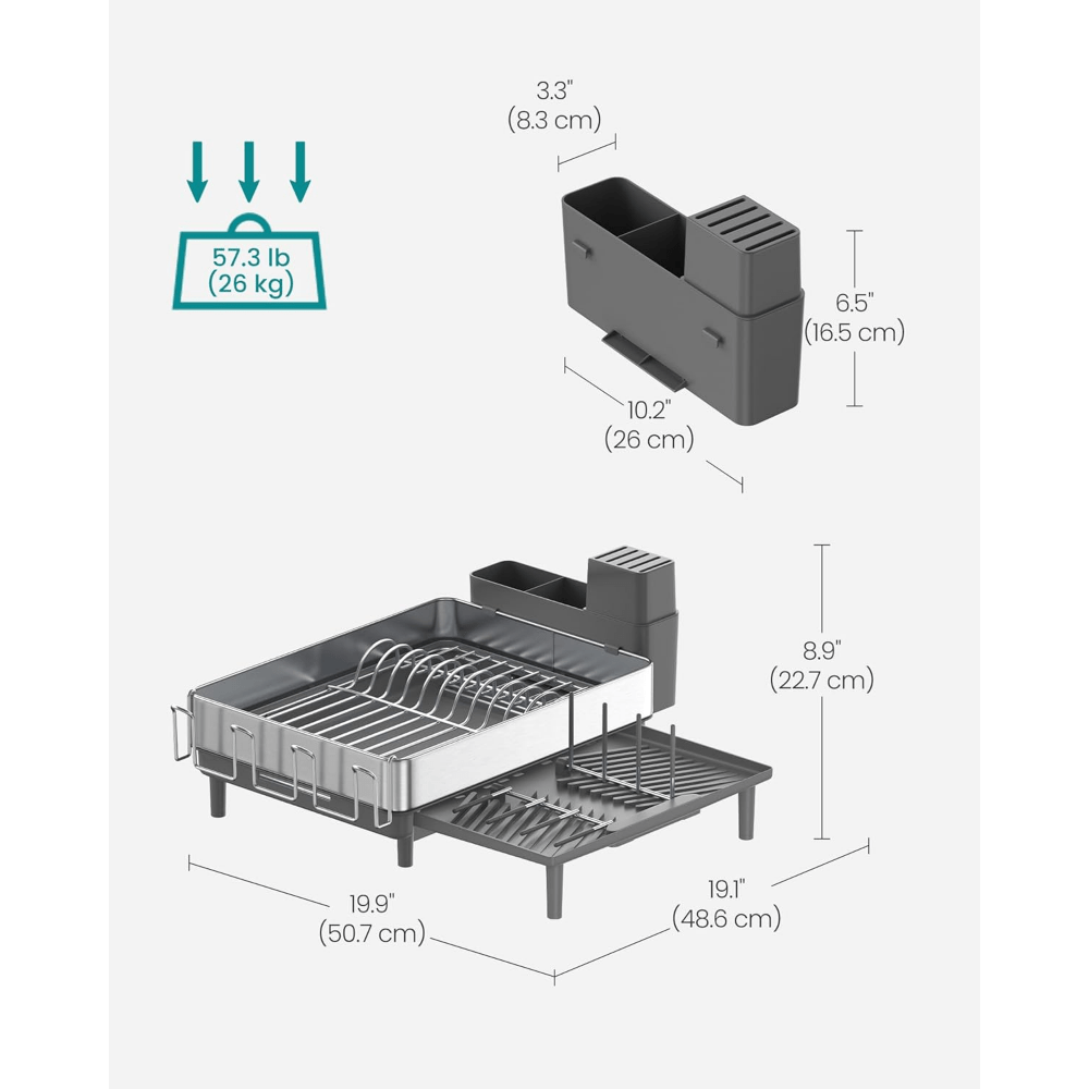 Large Dish Drying Rack, Expandable Dish Dryer for Kitchen Counter, Stainless Steel Dish Rack with Rotatable Spout, Utensil, Cup, Glass, Cutting Board, Pan Holders