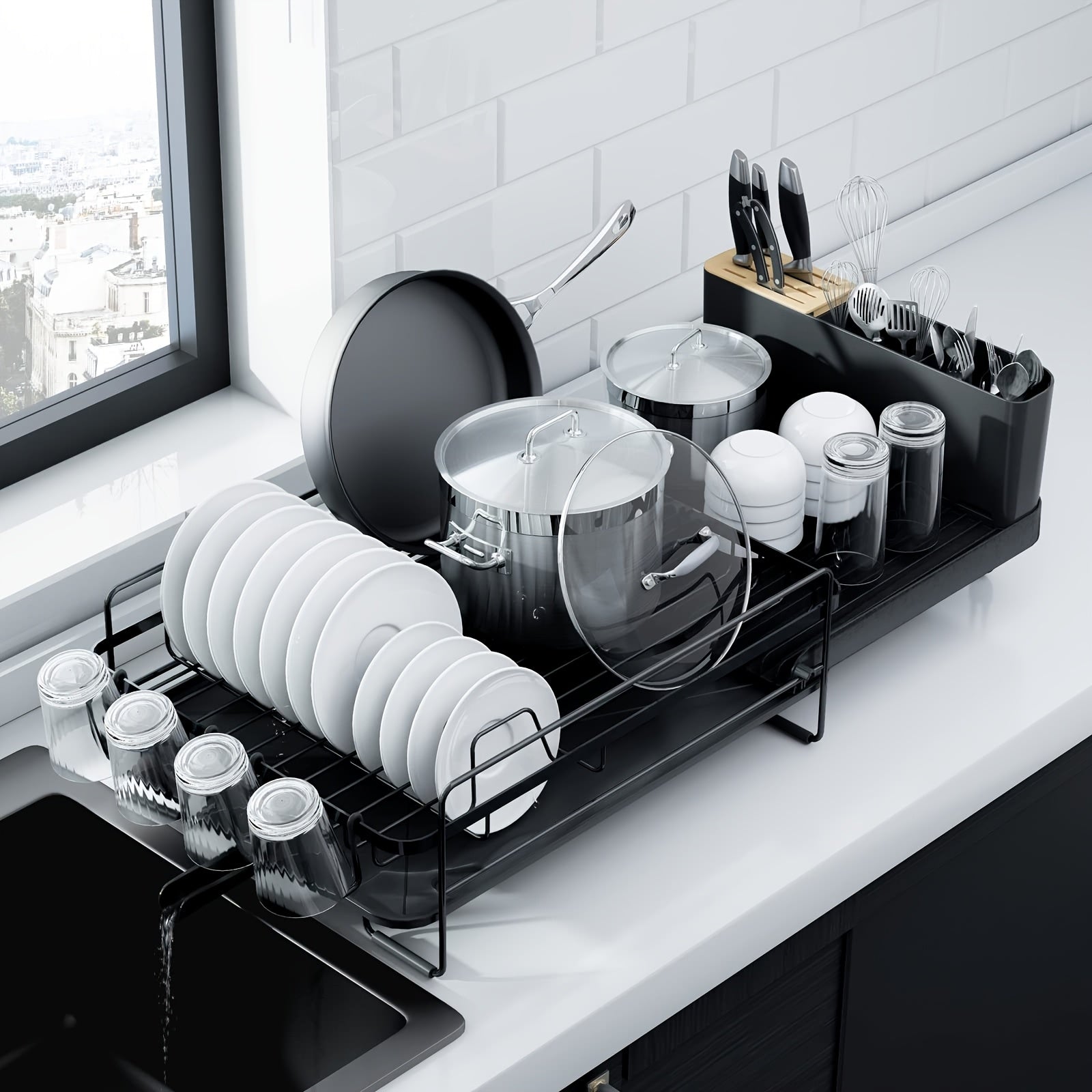 Large Dish Drying Rack With Drainboard Set, Dish Rack Extendable Dish Rack, Utensil Holder, Cup Holder, Expandable Dish Drainer For Kitchen Counter
