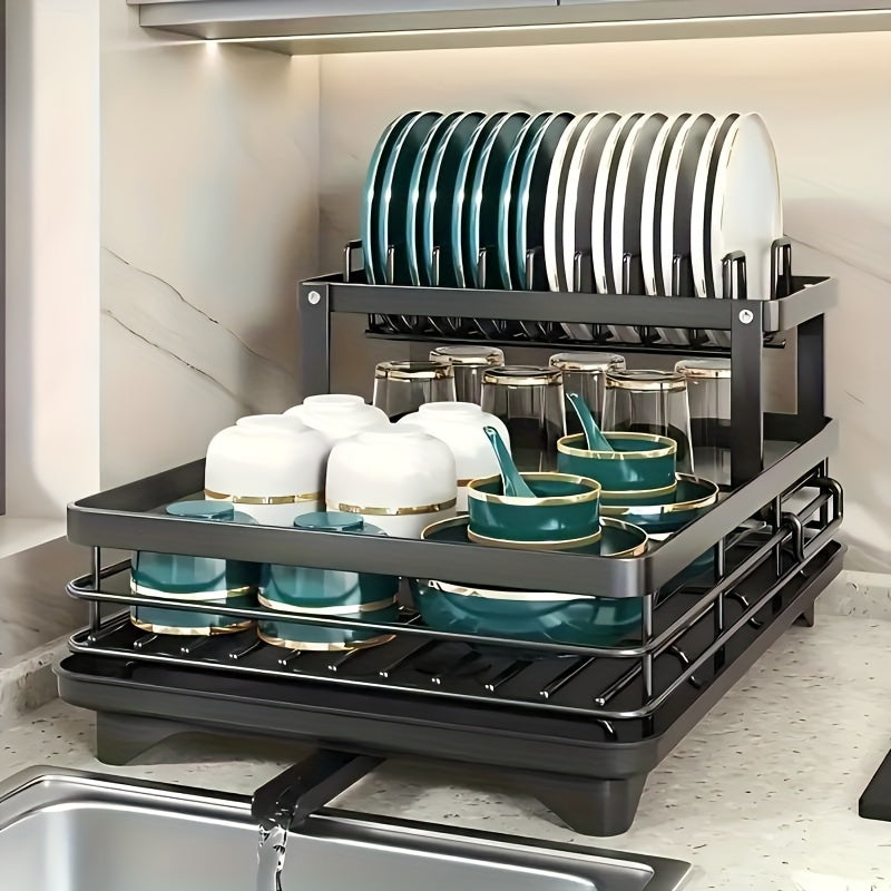 Dish Drying Rack - Dish Drainer For Kitchen Counter With Utensil 2 Tier Dish Rack With Drainboard Space Saving Large Capacity And Easy To Drying Dish Drainers For Kitchen Sink