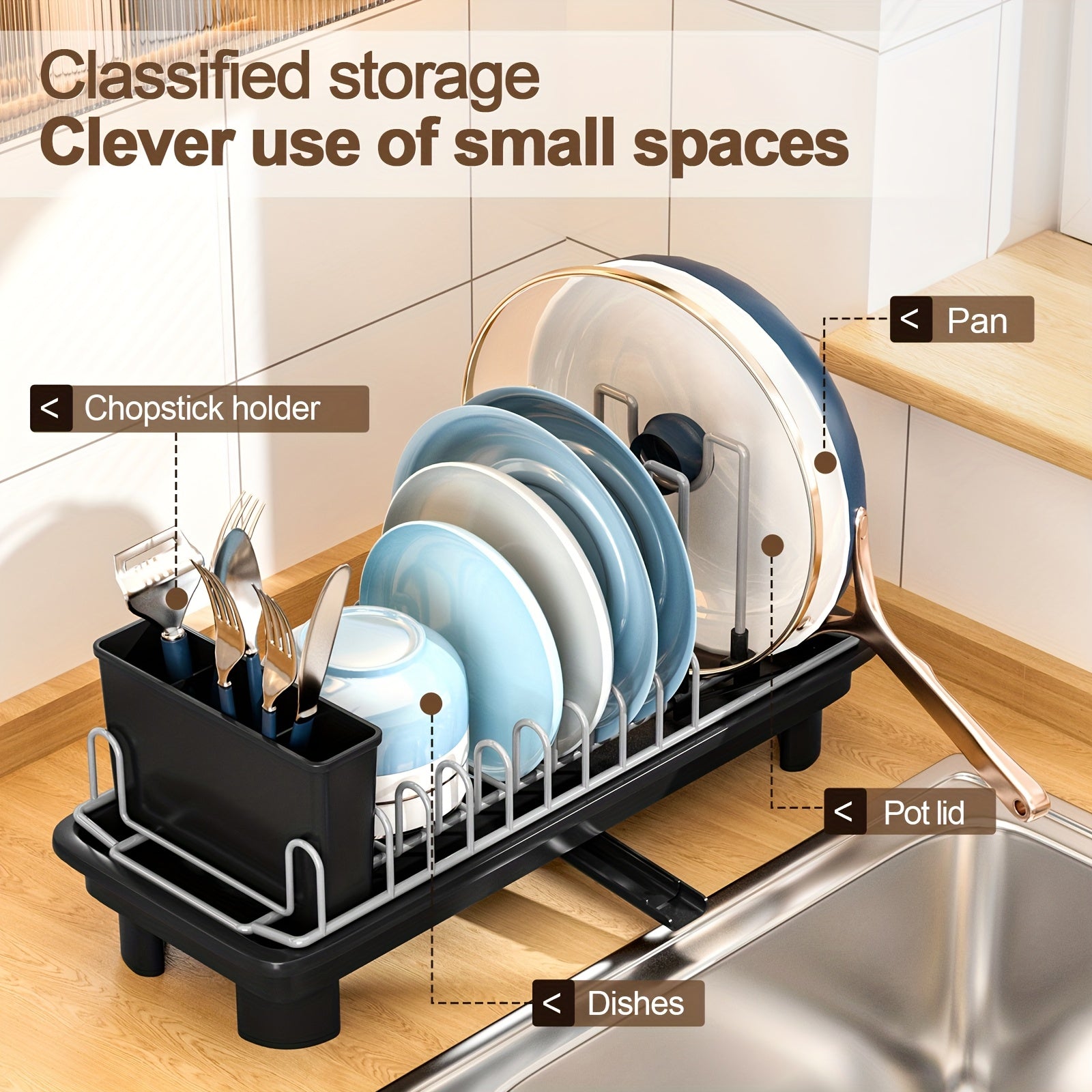 [SANDREAM Dish Drainer] 1pc SANDREAM Dish Drainer with Drain Tray & Drip Line - Durable Plastic & Metal Construction - Under Sink Organizer for Kitchen Utensils, Pots, Pans, Cutting Boards, Cups - Space-Saving Countertop Storage Rack, Dish Drying Rack,