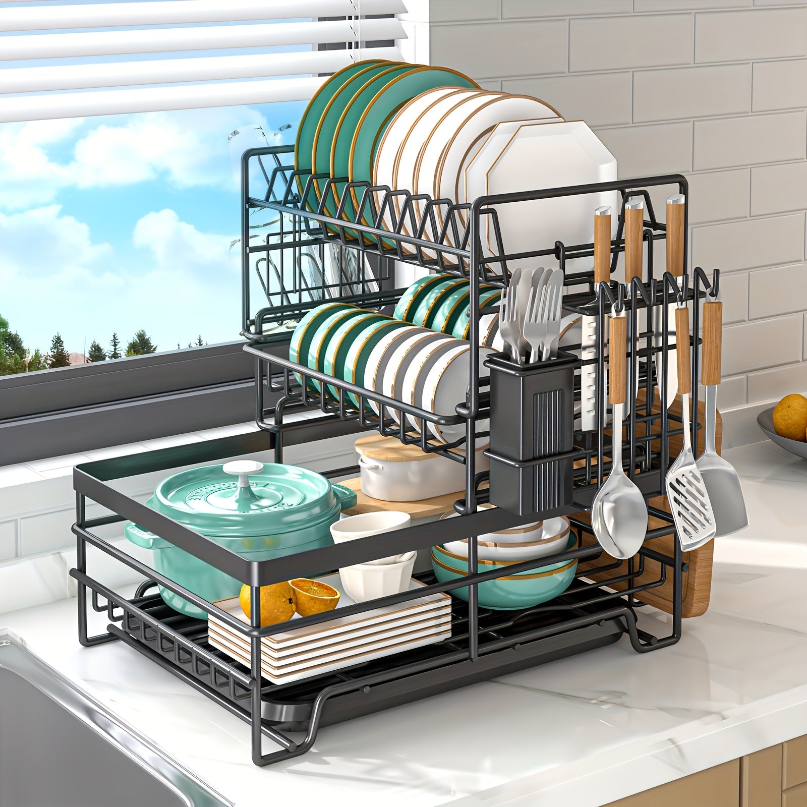 3-Tier Stainless Steel Dish Drying Rack with Removable Utensil Holder, Adjustable Plate Storage & Automatic Drainboard – Space-Saving Kitchen Counter Organizer for Dishes, Bowls, Mugs & More, Dish Drying Rack for Kitchen Counter
