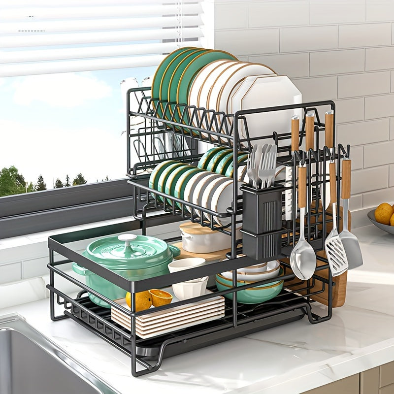 [Multifunctional Tableware Rack] 1pc Multifunctional Rust Proof Tableware Drying Rack | Kitchen Organizer & Storage with Leak Proof Nozzles, Cup Holder, Large Countertop Drain Rack - Black