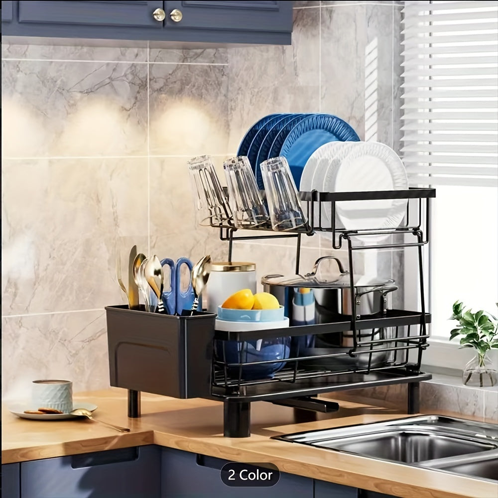 Dish Drying Rack With 2-tier, Stainless Steel Dish Rack And Drainboard Set With Removable Drip Tray, 360° Swivel Spout, Utensil Holder, Large Capacity Dish Drainer For Kitchen Counter