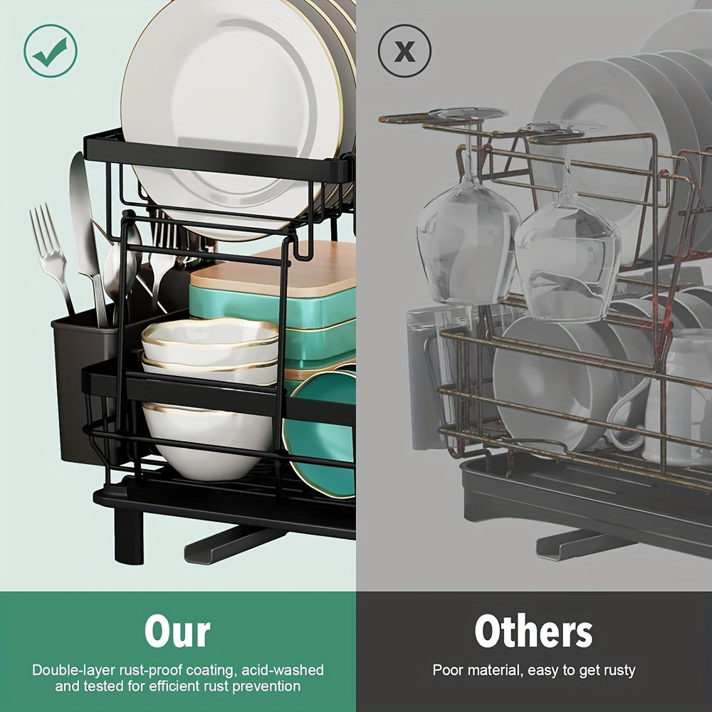 2-Tier Kitchen Dish Drying Rack With Removable Utensil Holder, Large Capacity Drying Rack With Drainboard For Kitchen Sink Counter