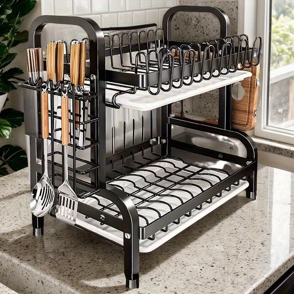1pc 2-Tier Stainless Steel Kitchen Dish Rack with Utensil Organizer - Space-Saving Countertop Storage for Plates, Bowls & Cutlery (Includes Bonus Dishes), Corrosion-Resistant Design, 2 Tiers Suitable Modern Kitch