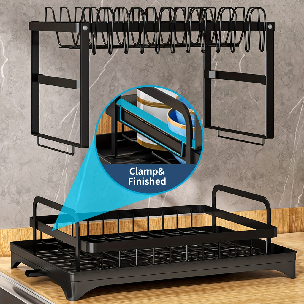 Spacious 2-Tier White Dish Rack with Blue Accents - Multipurpose Kitchen Counter Organizer with Drainboard, Cup Holder & Utensil Slot, Rust-Proof Metal, Space-Saving Design
