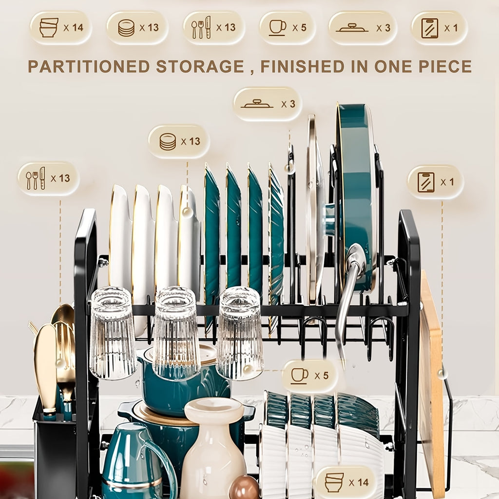 2 Tier Dish Drying Rack with Pot Holders, Dish Racks for Kitchen Counter, Kitchen Utensil Holder Dish Rack with Drainboard, Metal Kitchen Dish Rack, Kitchen Drying Rack Two Tier, Black Dish Racks, Kitchen Organizer, Pantry Organizers And Storage
