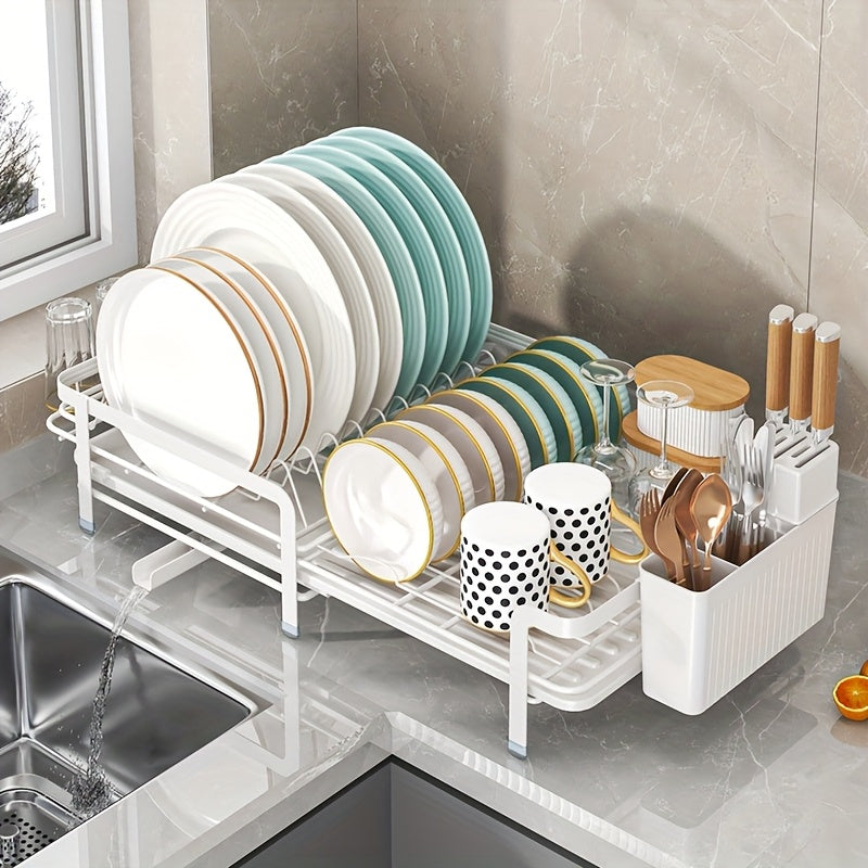 1pc Expandable Dishwasher Rack - Large Utensil Drying Rack with Drainage Plate Set, Multifunctional Utensil Rack for Kitchen Counter, Extendable Utensil Drain for Kitchen Counter, Valentine's Day Gifts, Black/white, 12.59 "W X 13.77" D