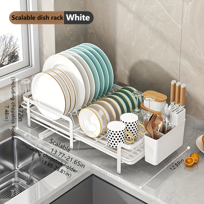 1pc Expandable Dishwasher Rack - Large Utensil Drying Rack with Drainage Plate Set, Multifunctional Utensil Rack for Kitchen Counter, Extendable Utensil Drain for Kitchen Counter, Valentine's Day Gifts, Black/white, 12.59 "W X 13.77" D