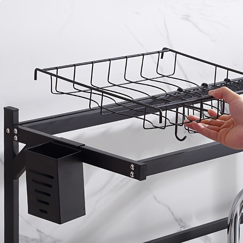 1-Layer/2-Layer Adjustable Countertop Dish Drying Rack - Removable Multi-Functional Kitchen Organizer with Chopstick Holder, Sponge & Cutting Board Storage, Space-Saving Plastic/Metal Design for Sink Area, Dish Drying Rack for Kitchen Counter, Utensil