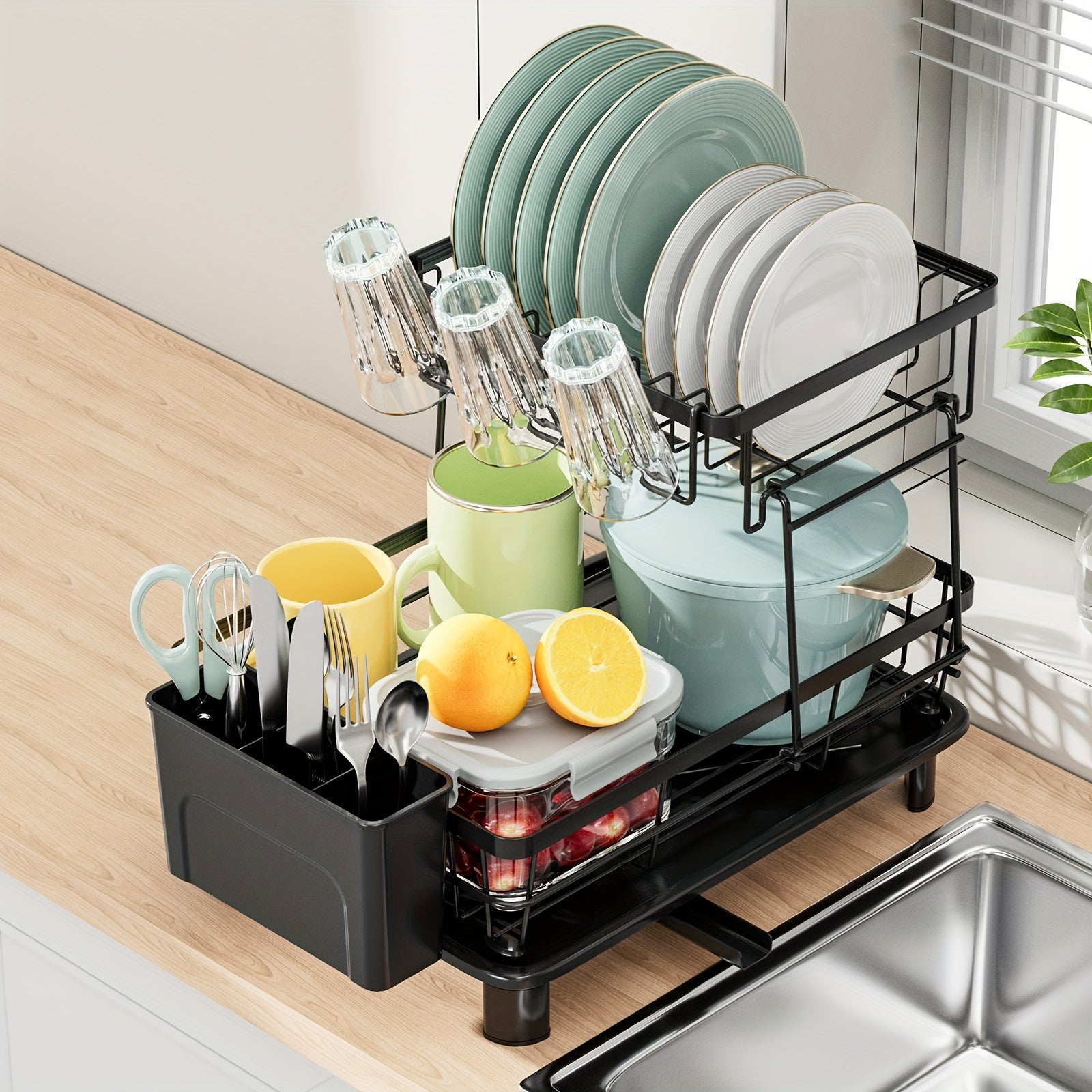 2-Tier Dish Drying Rack with Drain Tray and Swivel Drip Spout, Multifunctional Kitchen Countertop Storage Organizer - Metal and Plastic, Includes Cup Holder and Cutlery Holder, Space-Saving Plate Rack for Home and Apartment Use, 1pc