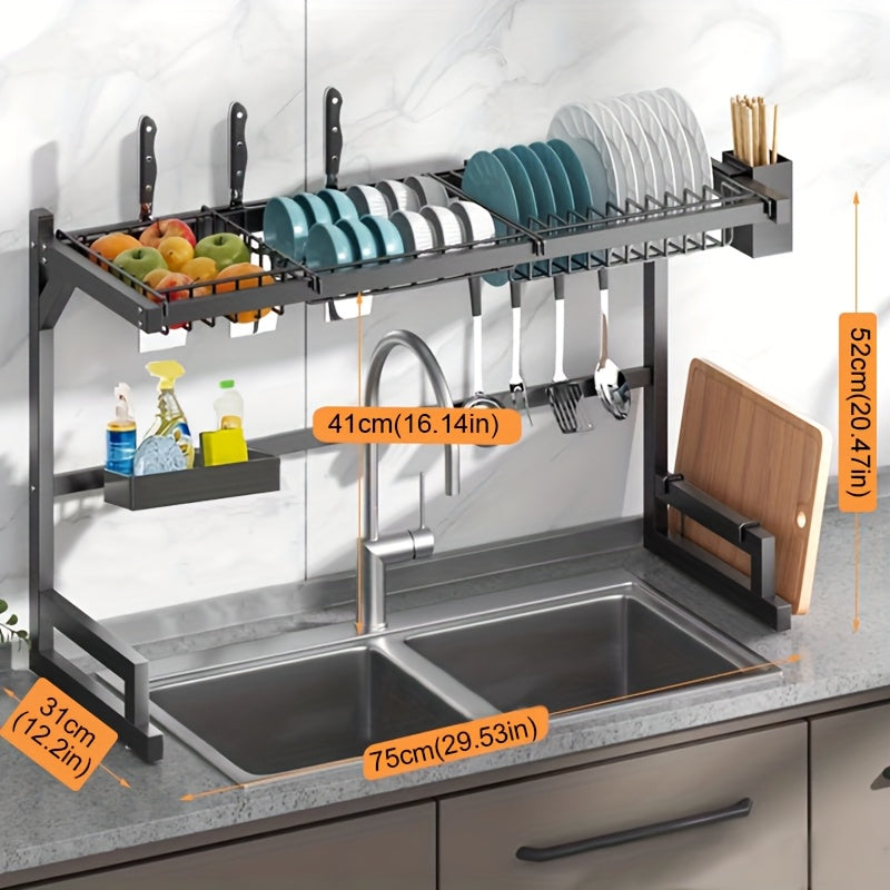 1-Layer/2-Layer Adjustable Countertop Dish Drying Rack - Removable Multi-Functional Kitchen Organizer with Chopstick Holder, Sponge & Cutting Board Storage, Space-Saving Plastic/Metal Design for Sink Area, Dish Drying Rack for Kitchen Counter, Utensil
