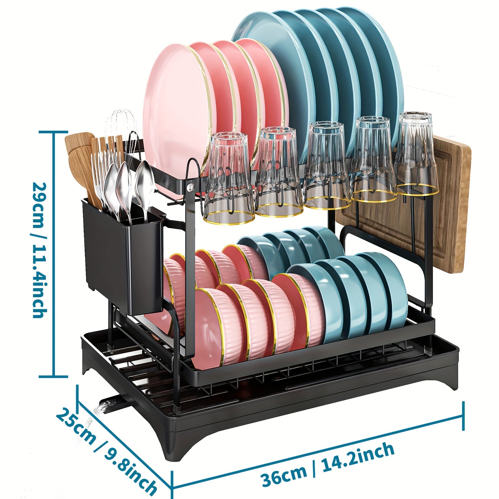 Spacious 2-Tier White Dish Rack with Blue Accents - Multipurpose Kitchen Counter Organizer with Drainboard, Cup Holder & Utensil Slot, Rust-Proof Metal, Space-Saving Design