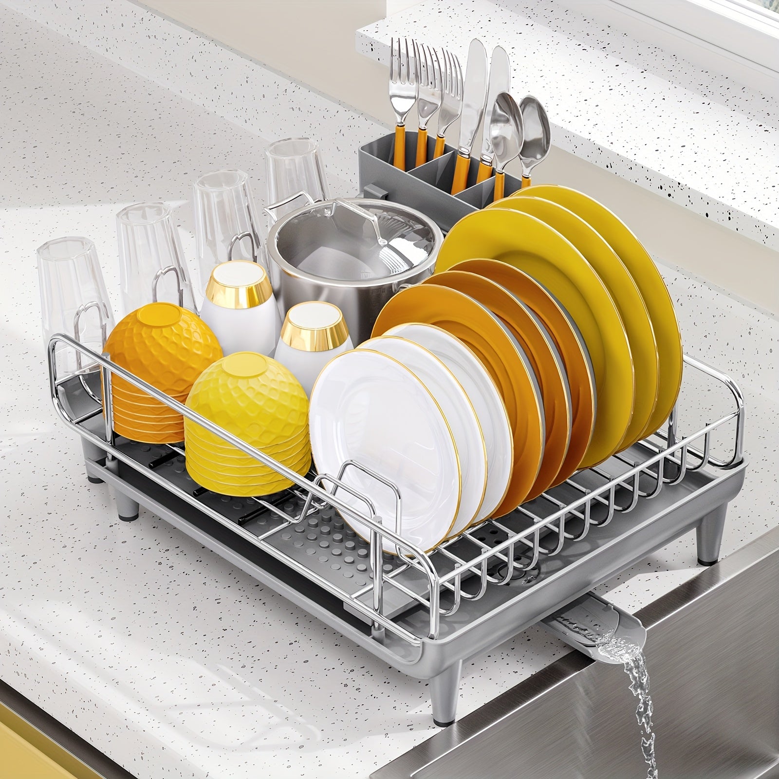 KINGRACK Expandable Dish Drying Rack, Foldable Stainless Steel Drainer With Cutlery Holder, Large Size For Kitchen Counter