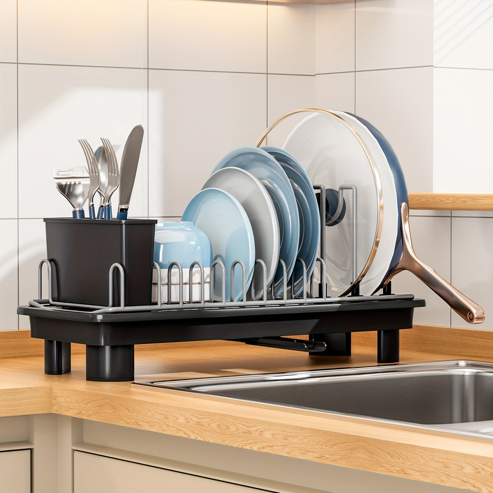 [SANDREAM Dish Drainer] 1pc SANDREAM Dish Drainer with Drain Tray & Drip Line - Durable Plastic & Metal Construction - Under Sink Organizer for Kitchen Utensils, Pots, Pans, Cutting Boards, Cups - Space-Saving Countertop Storage Rack, Dish Drying Rack,