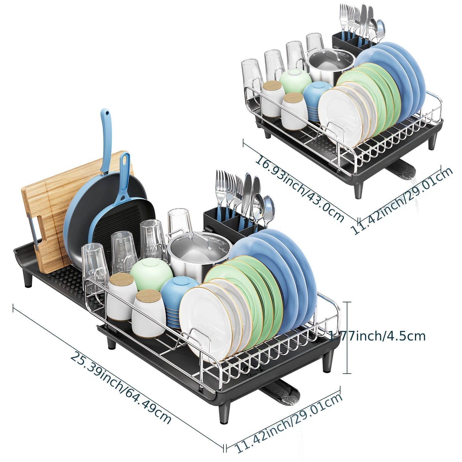 1pc KINGRACK Expandable Dish Drying Rack - Stainless Steel Dish Drainer with Cup & Utensil Holder, Collapsible Countertop Dish Rack with Pan & Pot Holder, Metal Dish Strainer for Kitchen Counter, Food Contact Safe, No Electricity Needed, Ideal for