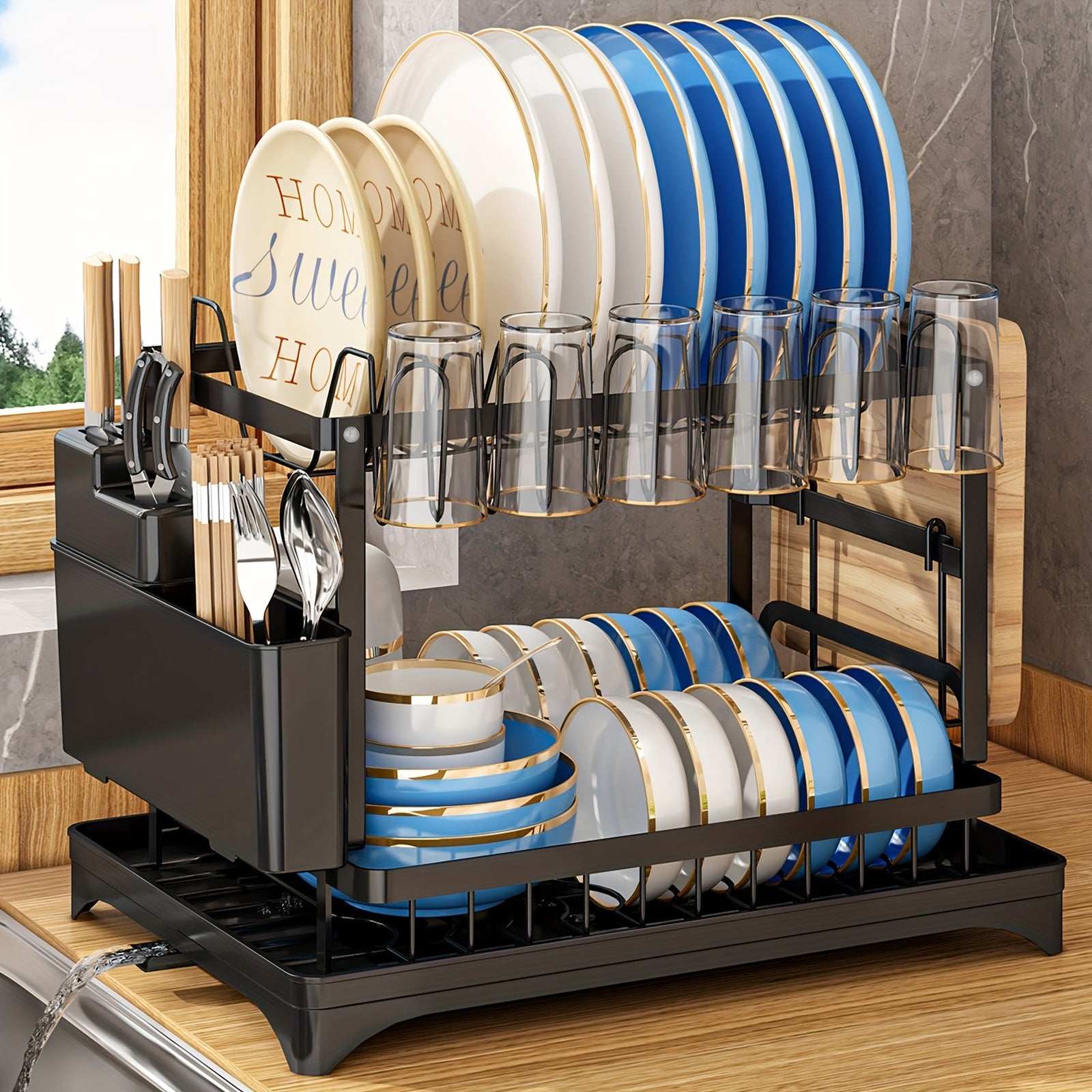 Spacious 2-Tier White Dish Rack with Blue Accents - Multipurpose Kitchen Counter Organizer with Drainboard, Cup Holder & Utensil Slot, Rust-Proof Metal, Space-Saving Design