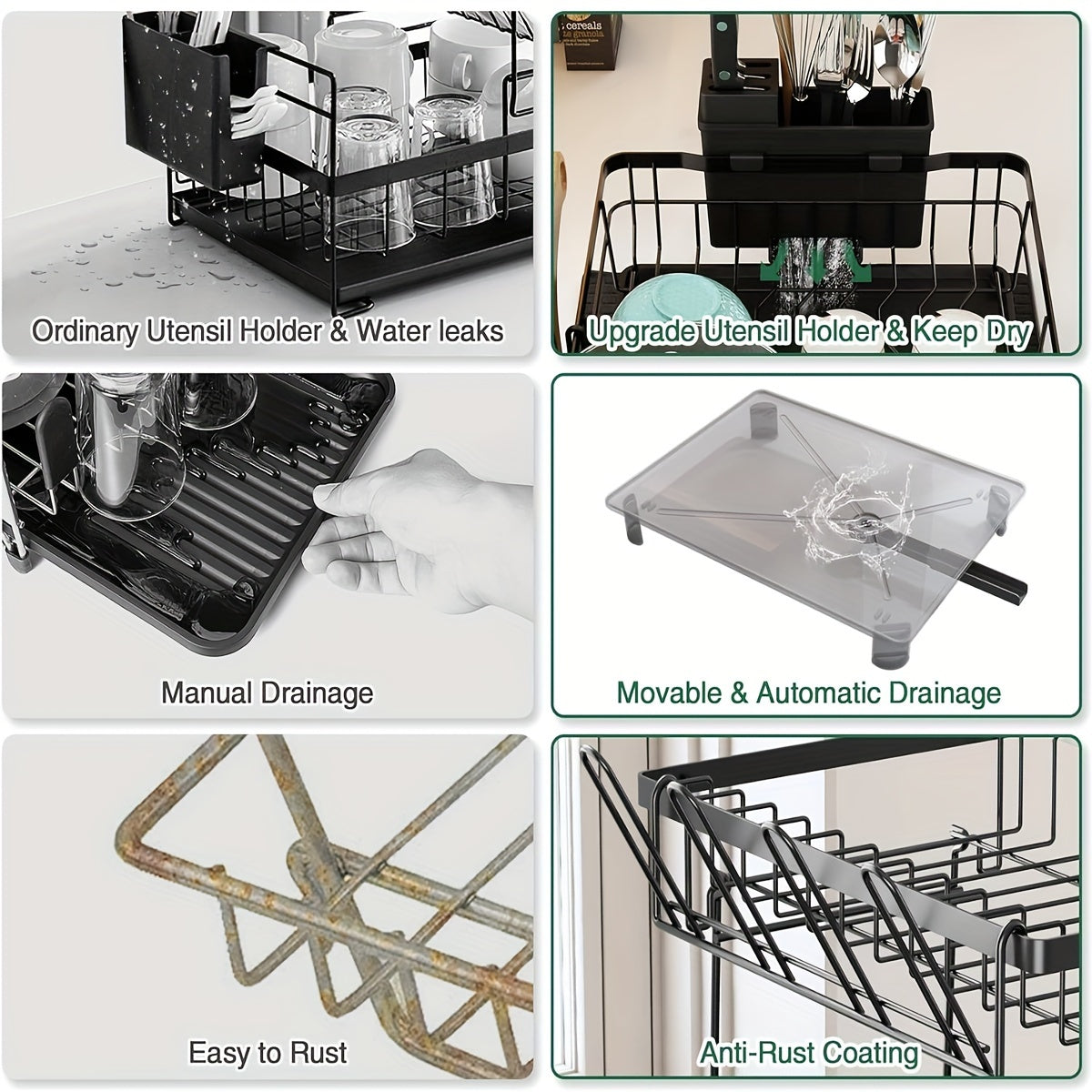 Dish Drying Rack, 2 Tier Dish Racks For Kitchen Counter, Large Dish Drying Rack With Drainboard & Utensil Holders, Rust-Proof Dish Drainers, Kitchen Organization