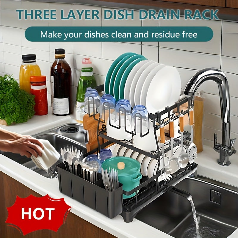 Heavy-Duty Stainless Steel Dish Drying Rack - Space-Saving Two-Tier Countertop Organizer with 360° Drainage System, Plate, Bowl, Cup & Utensil Holders - Compact Sink Rack for Modern Kitchen - Easy to Clean, Dish Drying Rack for Kitchen Counter, Clean Dish