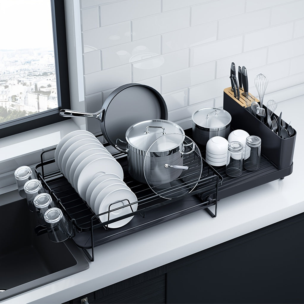 Large Anti-Rust Extendable Dish Drying Rack With Cutlery Holders, Multifunctional Dish Rack And Drainboard Set, Versatile For All Kitchenware