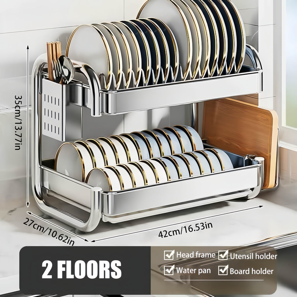 [Space-Saving Dish Rack] Stainless Steel Dish Drying Rack | Space-Saving Kitchen Counter Dish Rack With Cutlery Holder