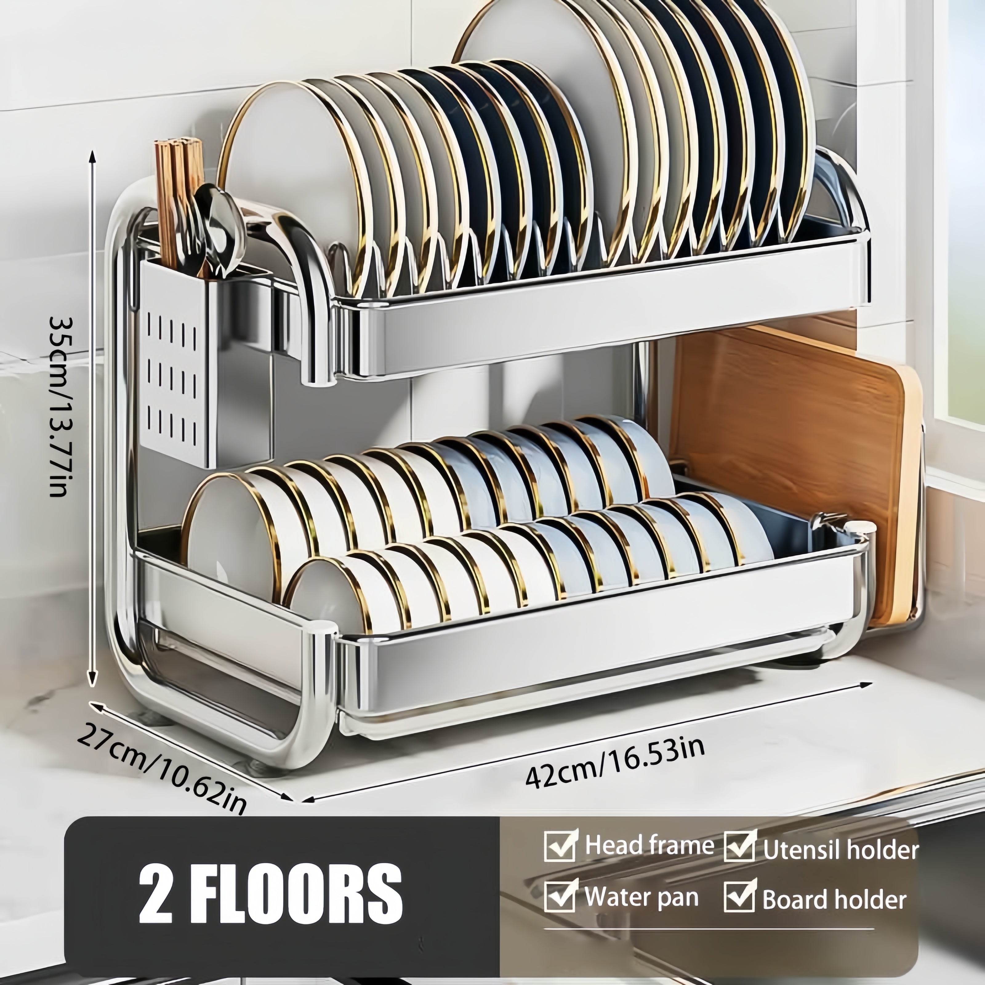 [Space-Saving Dish Rack] Stainless Steel Dish Drying Rack | Space-Saving Kitchen Counter Dish Rack With Cutlery Holder
